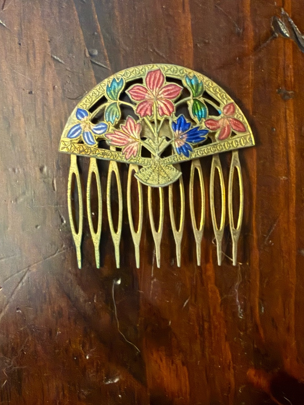 Beautiful Vintage cloisonne hair comb frame and colorful enamel inlay.